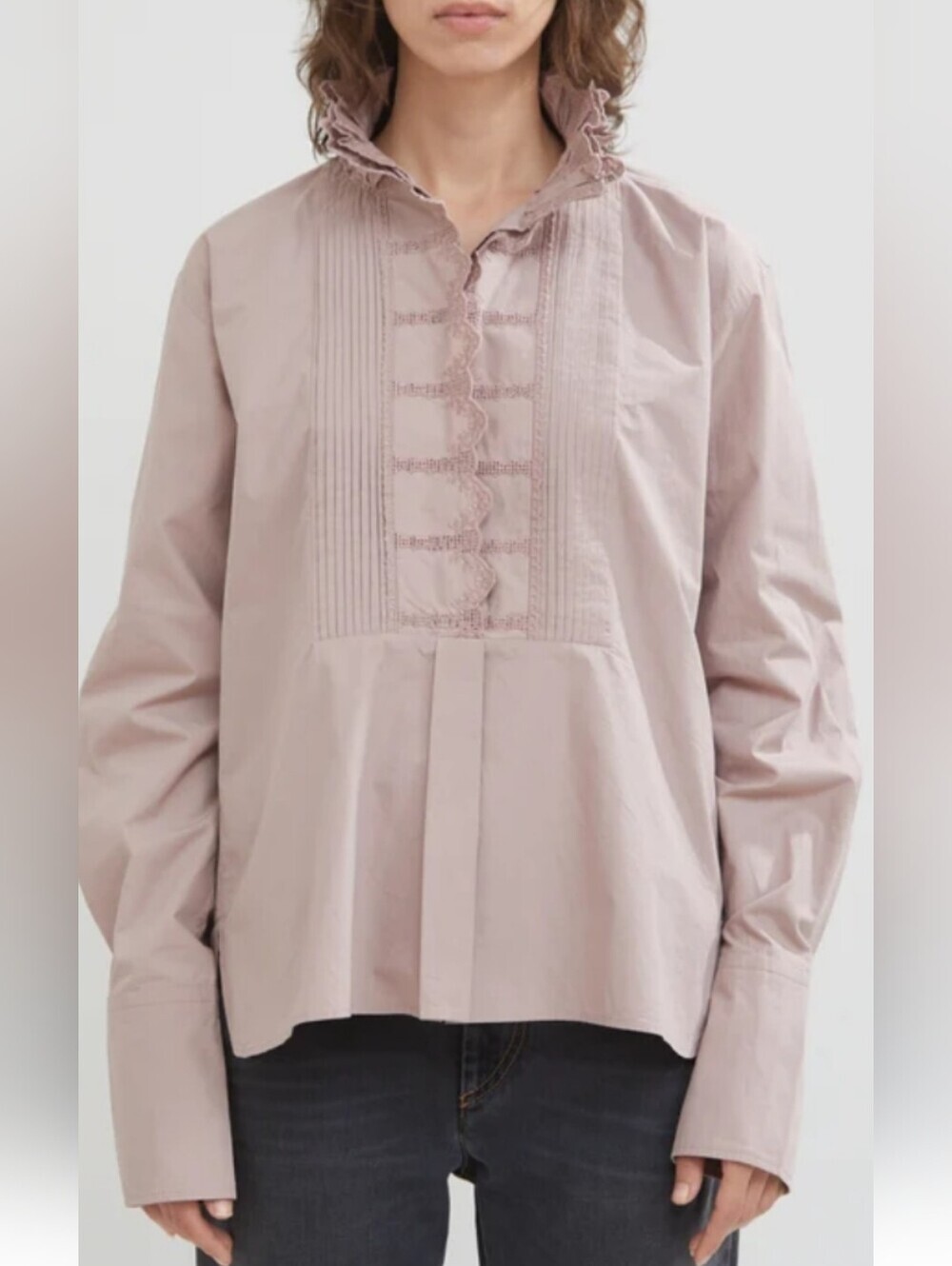 NWOT Isabel Etoile Marant Ruffle-Trim Pintuck Button-Front Blouse — Dusty Rose